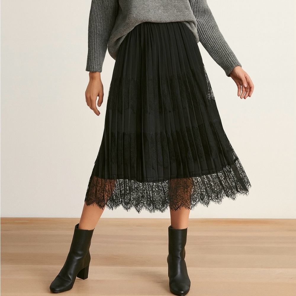 Adiva Pleated Lace Midi Skirt in Black NWT